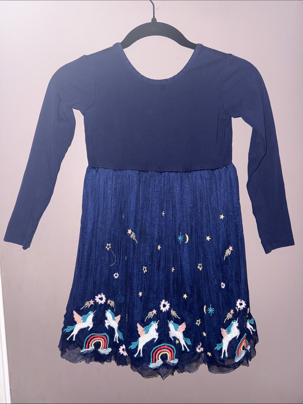Girls Navy Unicorn & Rainbow Long Sleeve Dress with Embroidered Tulle Skirt